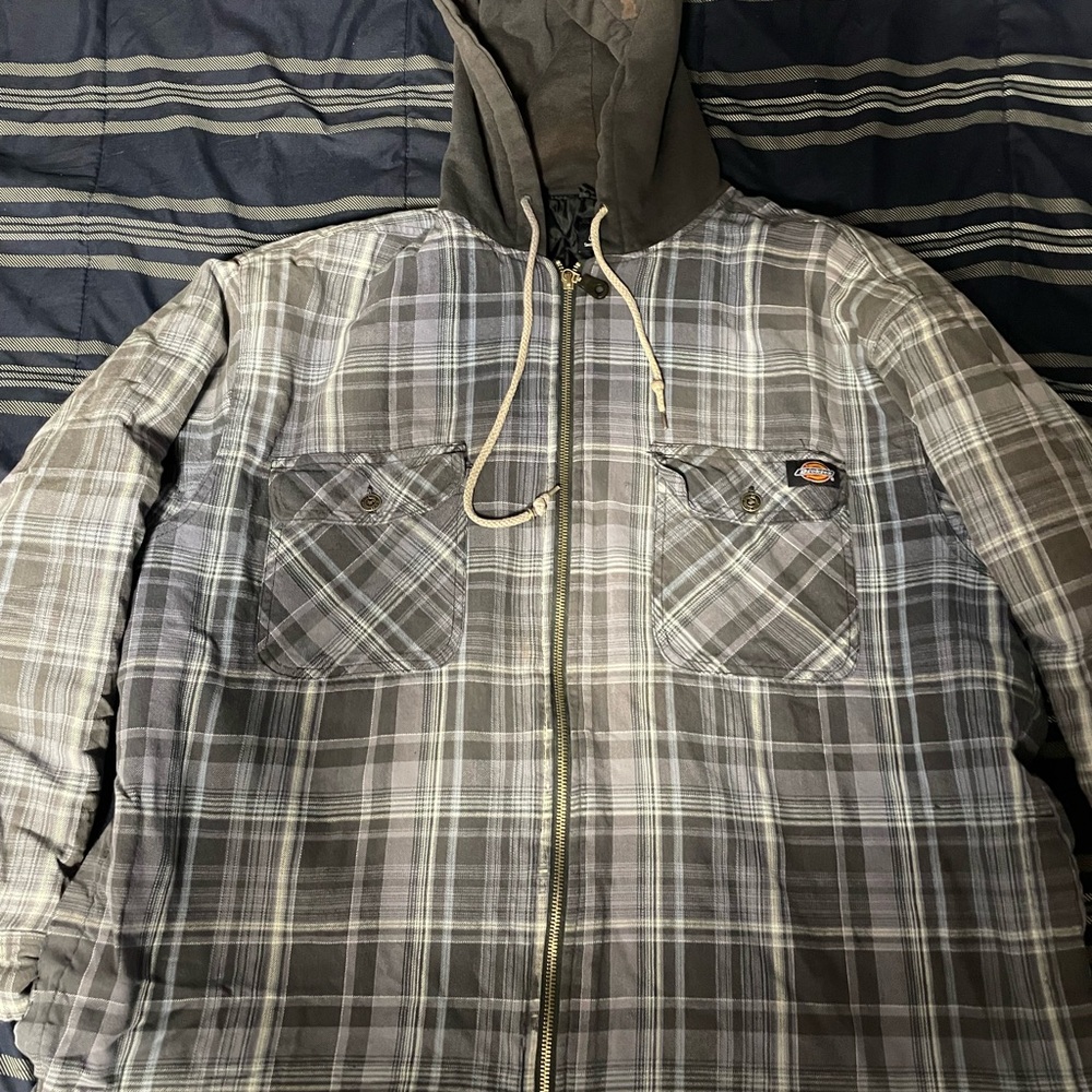 Dickies Men's Black and Gray Plaid Hooded Jacket